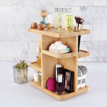 Load image into Gallery viewer, Bamboo Bathroom Cosmetic Organizer Tower 11in Rotating Makeup Display
