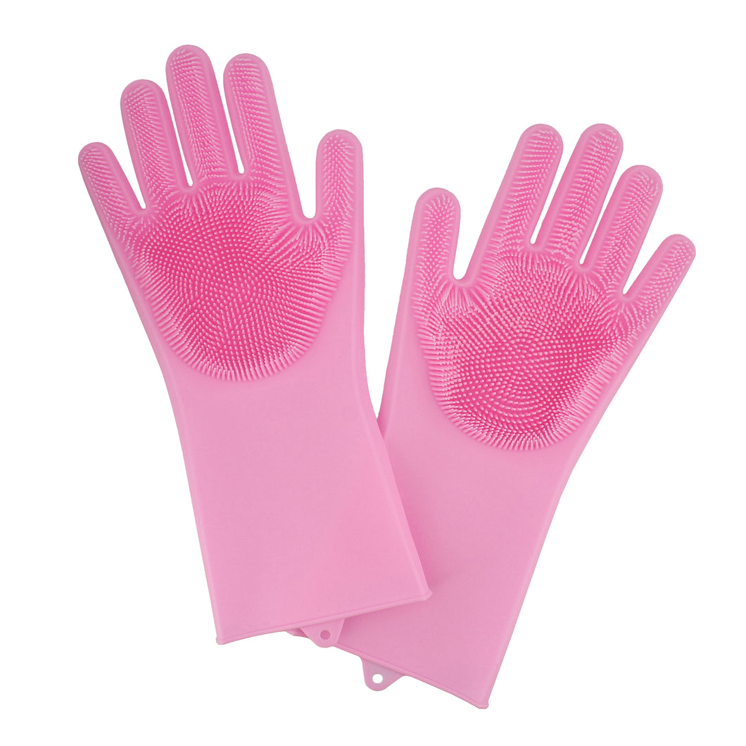 Pink Dishwashing Gloves with Scrubber - Dish Cleaning Gloves Pair